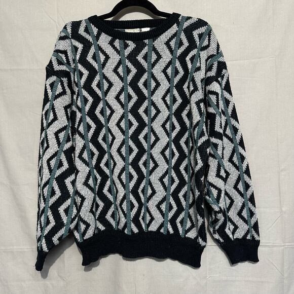 Vintage 80s Sweater Mens Medium Green Geometric Grandpa Artsy Abstract Retro - Picture 1 of 9